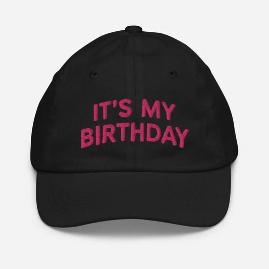 Embroidered ’It’s My Birthday’ Youth Baseball Cap – Celebration Hat Birthday - Black - Hats black baseball cap pink