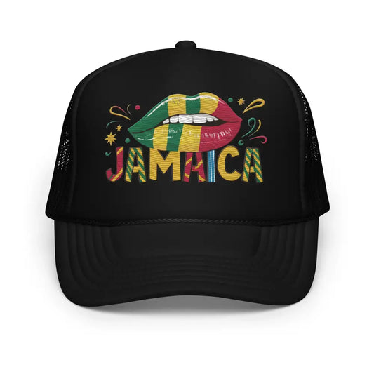 Embroidered ’Jamaica’ Fun & Stylish Foam Trucker Hat – Adjustable Snapback - Black - Hats black trucker hat jamaica