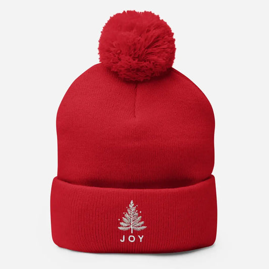 Red Embroidered Joy Christmas pom-pom beanie with tree design
