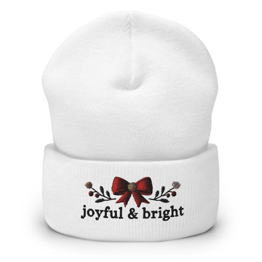 Embroidered Joyful and Bright Christmas Cuffed Beanie | Cozy Holiday Hat - White - Hats white knit beanie red bow 1