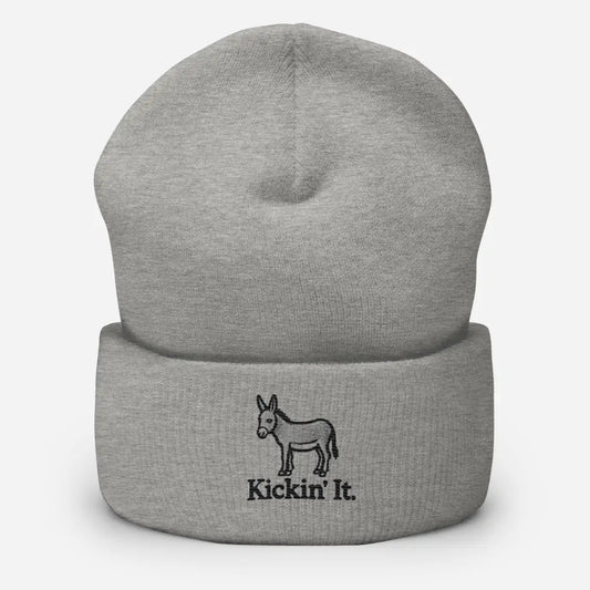 Embroidered ’Kicken It’ Cuffed Beanie Funny Humor Hat Wildlife Camping Hiking - Hats gray beanie donkey graphic 1