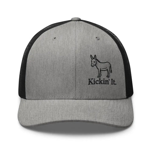 Embroidered ’Kicken It’ Trucker Cap Humor Funny Casual Wildlife Hat - Hats grey black mesh trucker hat 1