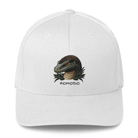 Embroidered Komodo Dragon Structured Twill Cap Stretch Fit Athletic Hat Wildlife - White / S/M - Hats white baseball