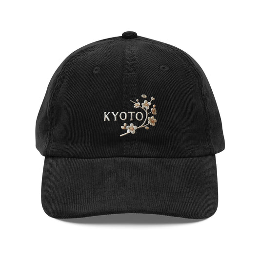 Embroidered Kyoto Japan Vintage Corduroy Cap | Travel & Vacation Gift Hat - Black - Hats black corduroy baseball cap