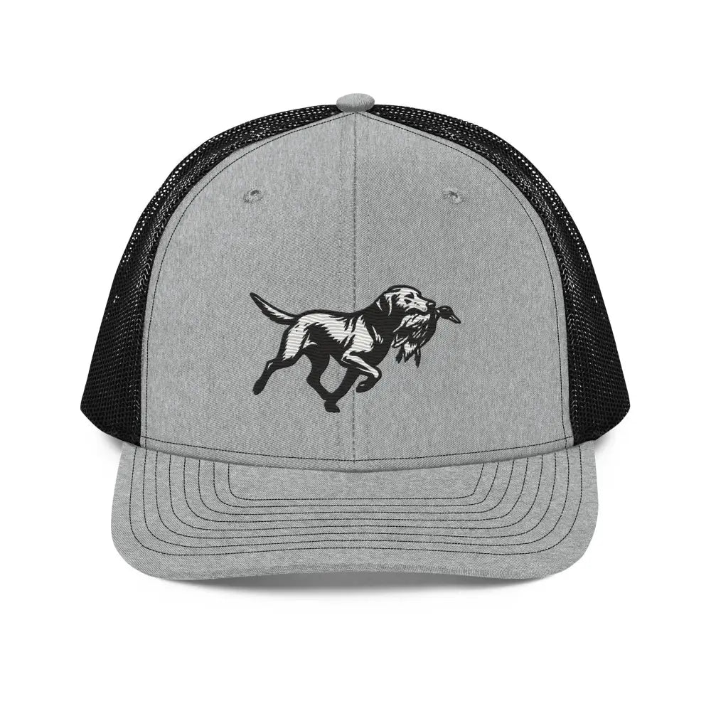 Embroidered Labrador Retriever Trucker Cap with Gray Black Hat Running Dog Carrying Bird