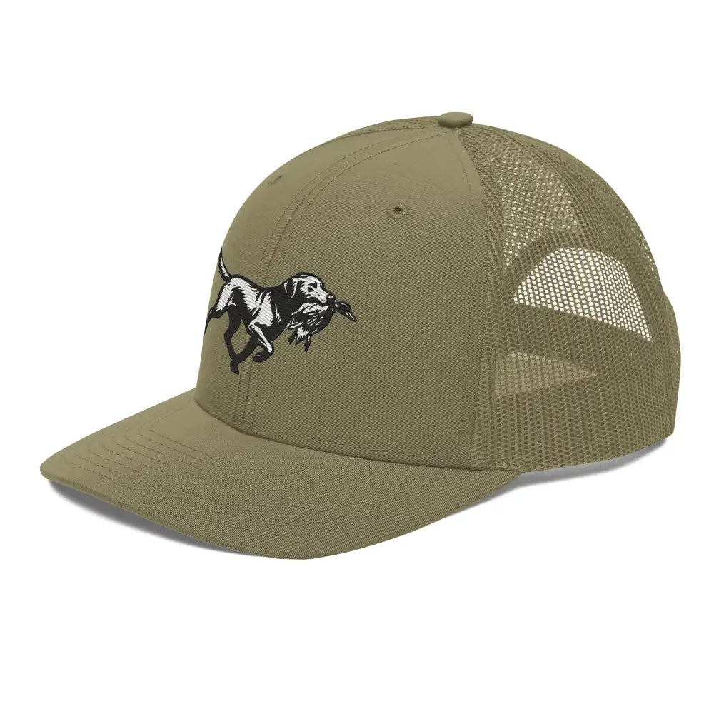Khaki green mesh-back trucker cap with embroidered Labrador Retriever and dog-and-duck graphic