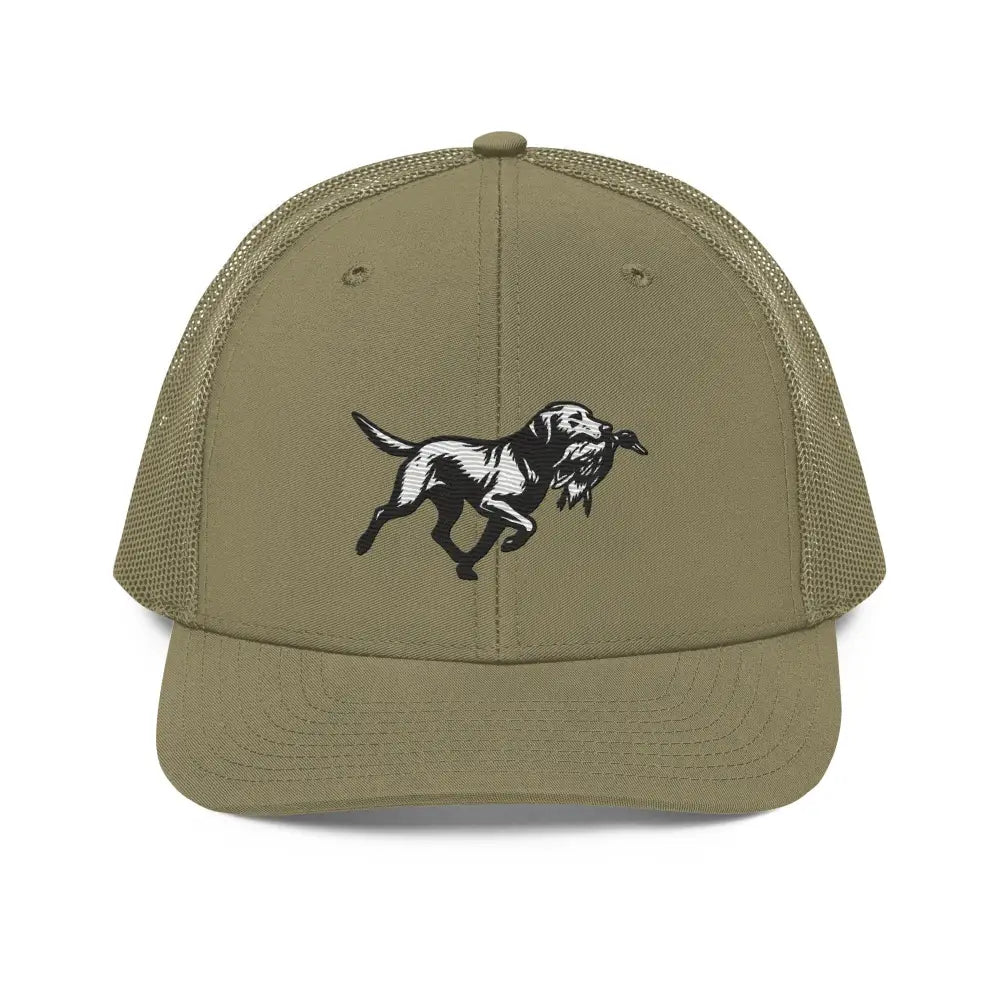 Olive green embroidered Labrador Retriever trucker cap with dog and duck design