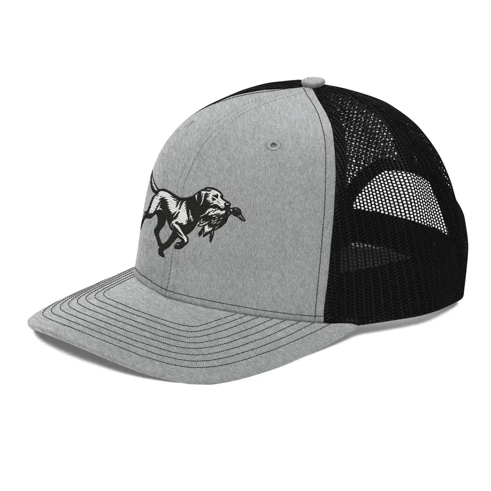 Gray and black embroidered Labrador Retriever trucker cap with hunting dog and duck design