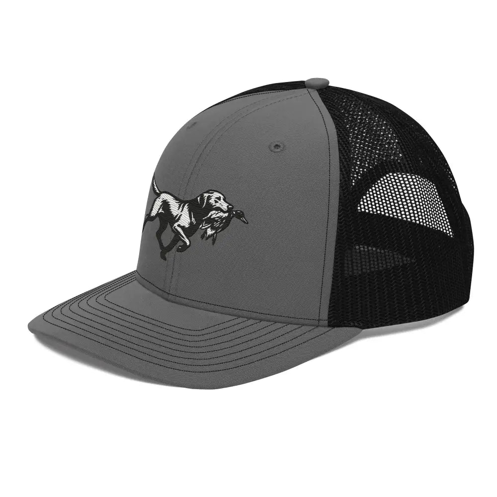 Embroidered Labrador Retriever Trucker Cap with dog-and-duck graphic and black mesh back