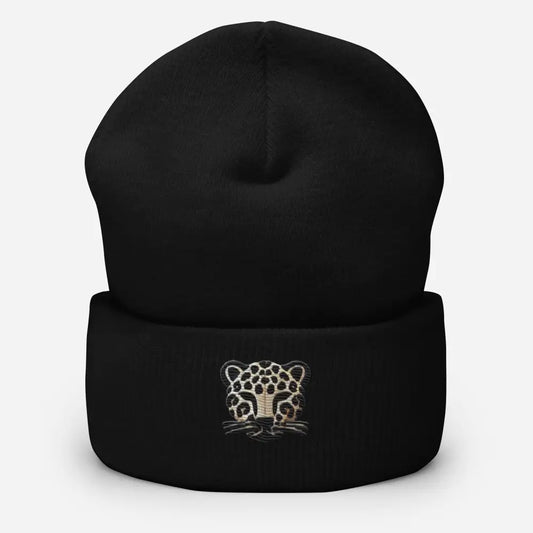 Embroidered Leopard Cuffed Beanie - Stylish and Warm Winter Hat Great Gift Idea Everday Casual - Hats black knit beanie
