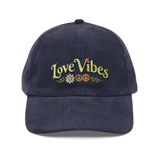 Embroidered ’Love Vibes’ Hippie-Inspired Dad Hat – Adjustable Low Profile Vintage Inspired - Navy - Hats navy blue