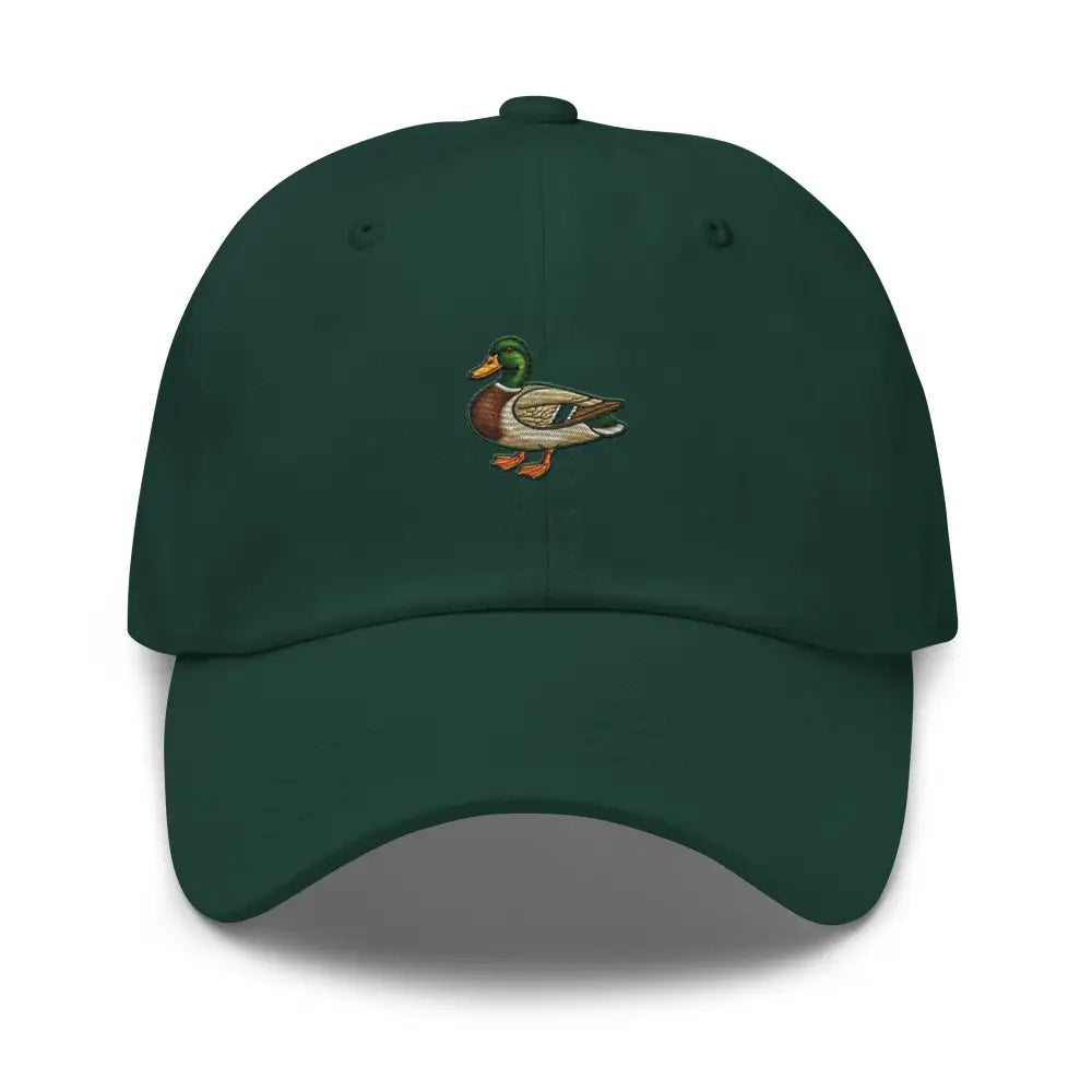 Trini Skies embroidered mallard duck dad hat in dark green cotton twill