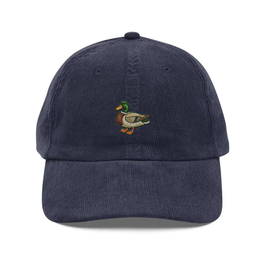 Embroidered Mallard Duck Vintage Corduroy Cap | Nature-Inspired Hat - Navy - Hats navy blue corduroy baseball cap 1