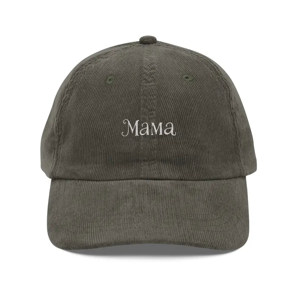 Olive green vintage corduroy cap with embroidered mama text by Trini Skies