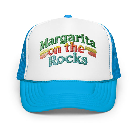 Embroidered Margarita on the Rocks Foam Trucker Hat | Party with Mesh Back - Blue / White / Hats white blue trucker hat