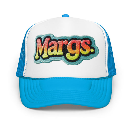 Embroidered Margs Foam Trucker Hat | Margarita Party | Breathable Mesh Back - Blue / White / Hats blue white trucker