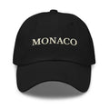 Trini Skies embroidered Monaco dad hat in black with cream text
