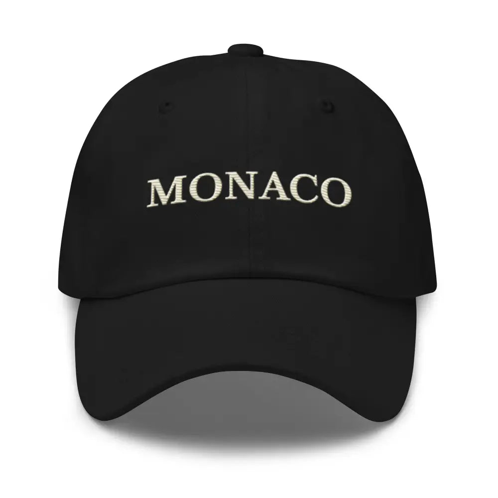 Trini Skies embroidered Monaco dad hat in black with cream text