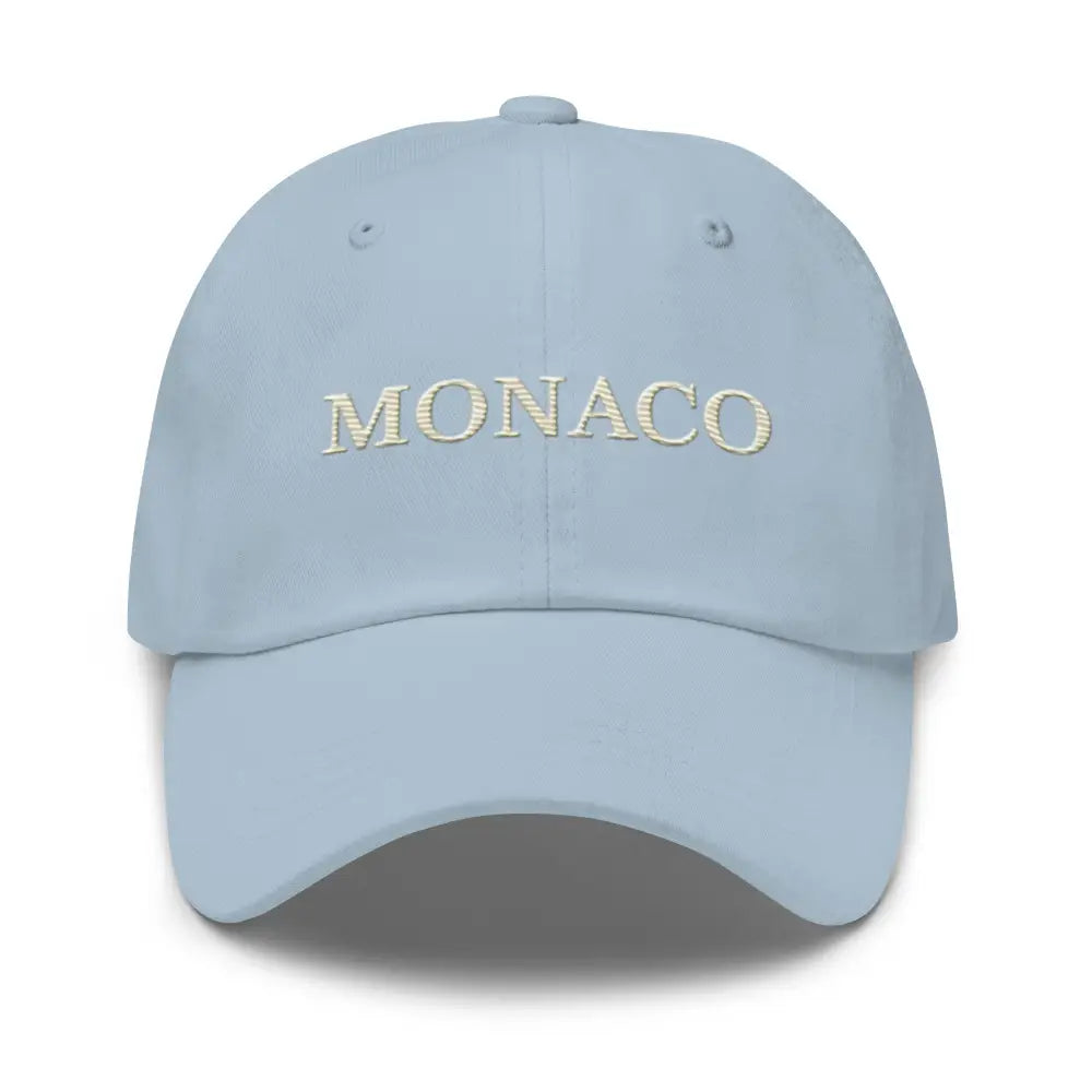 Light blue Trini Skies embroidered Monaco dad hat with cream MONACO