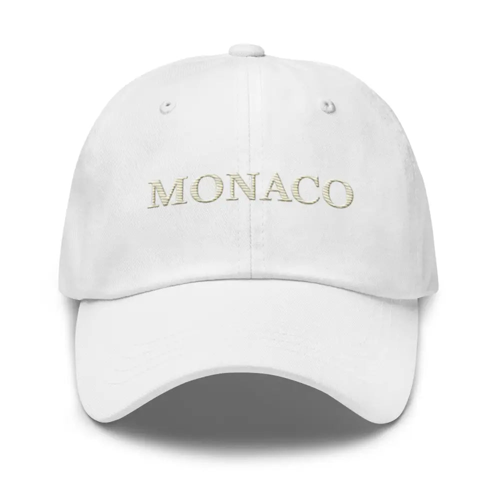 Embroidered Monaco dad hat by Trini Skies channeling effortless luxury