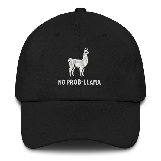 Embroidered ’No Prob-Llama’ Llama Dad Hat – Low Profile Adjustable Strap & Curved Visor - Black - Hats black dad hat