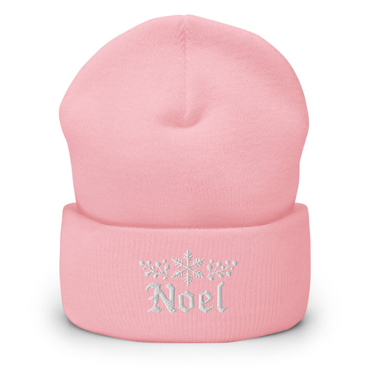 Embroidered Noel Christmas Hat | Cuffed Beanie | Festive & Cozy - Baby Pink - Hats pink knit beanie embroidered