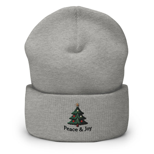 Embroidered Peace & Joy Christmas Tree Cuffed Beanie | Holiday Winter Hat - Heather Grey - 1