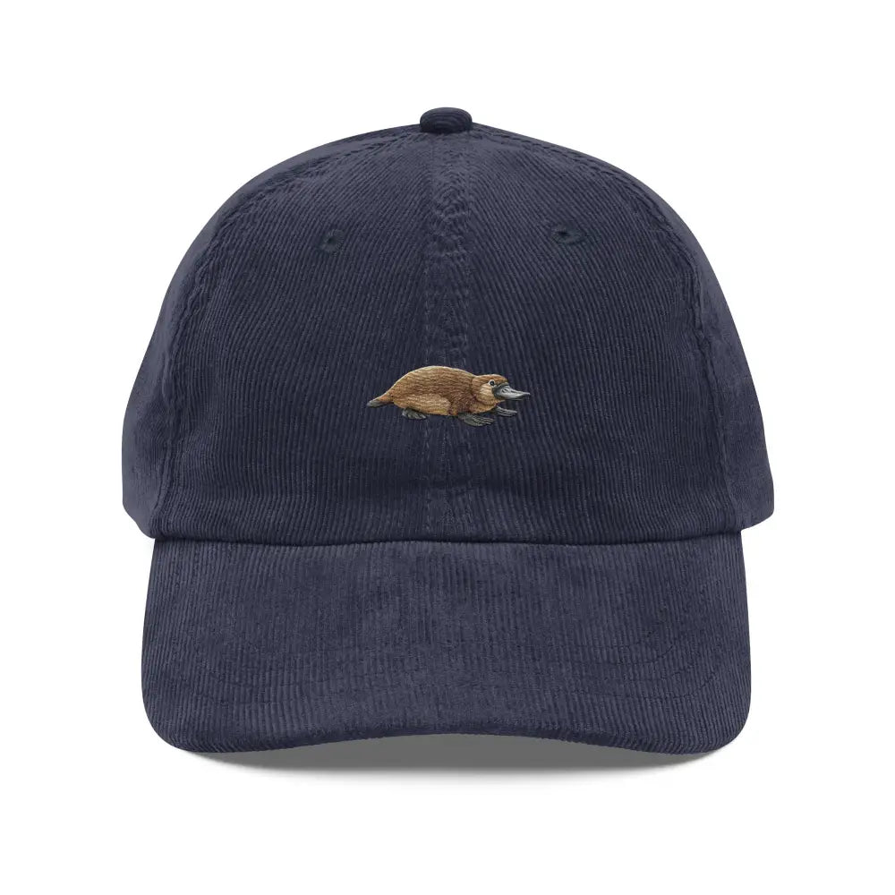Navy blue embroidered platypus vintage corduroy cap by Trini Skies