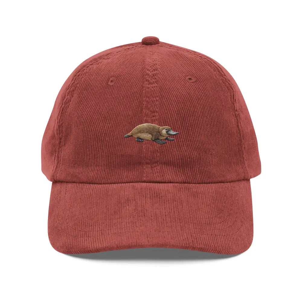 Red embroidered platypus on Trini Skies vintage corduroy cap