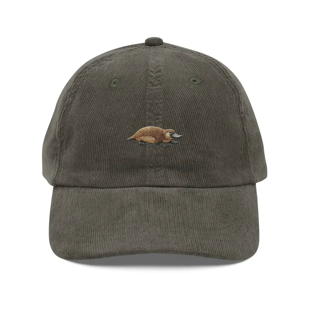 Olive green vintage corduroy cap with embroidered platypus by Trini Skies