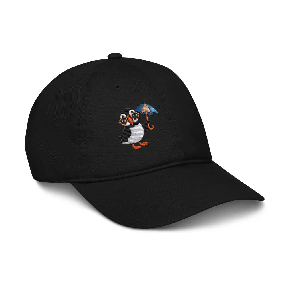 Embroidered playful puffin organic dad hat with umbrella