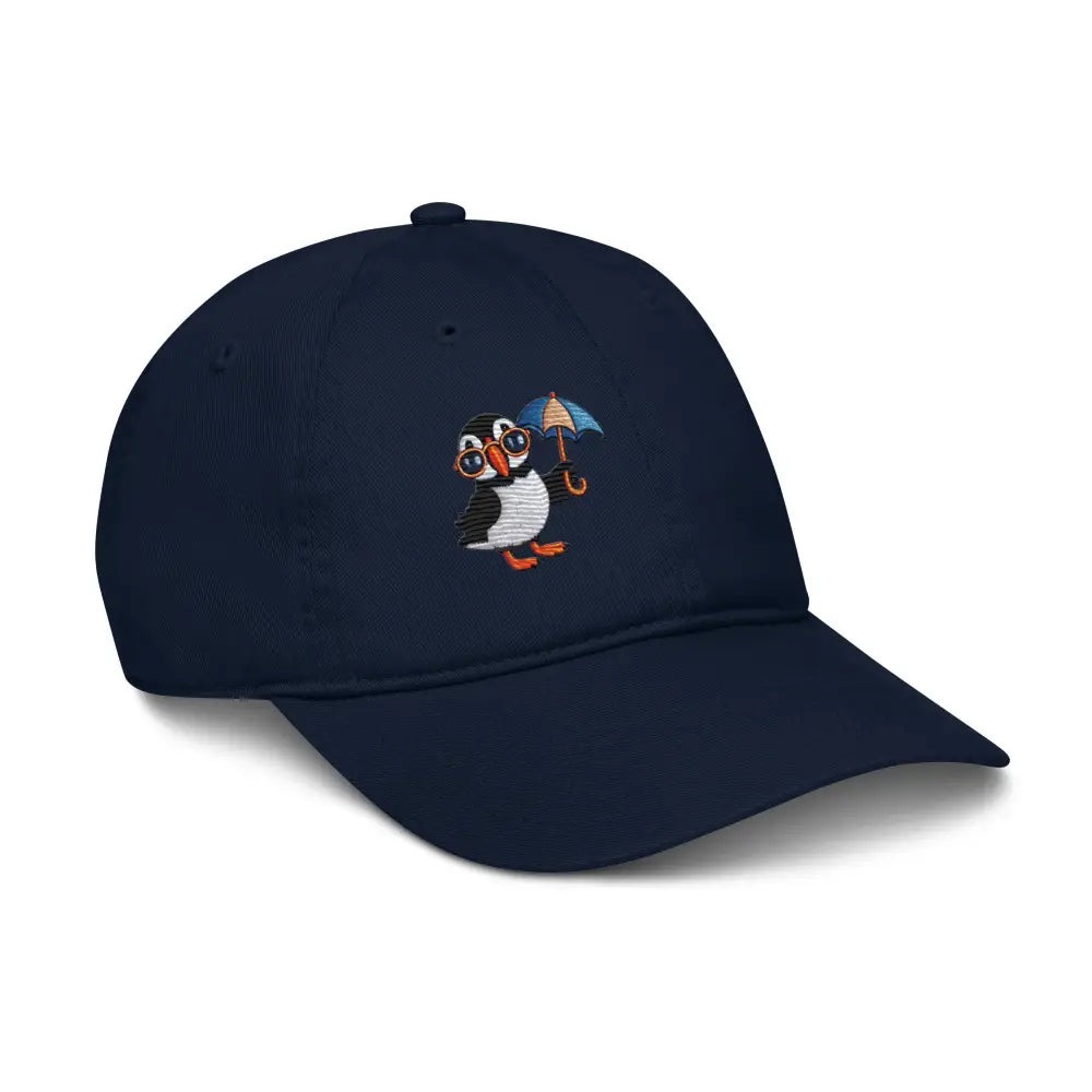Embroidered playful puffin organic dad hat by Trini Skies