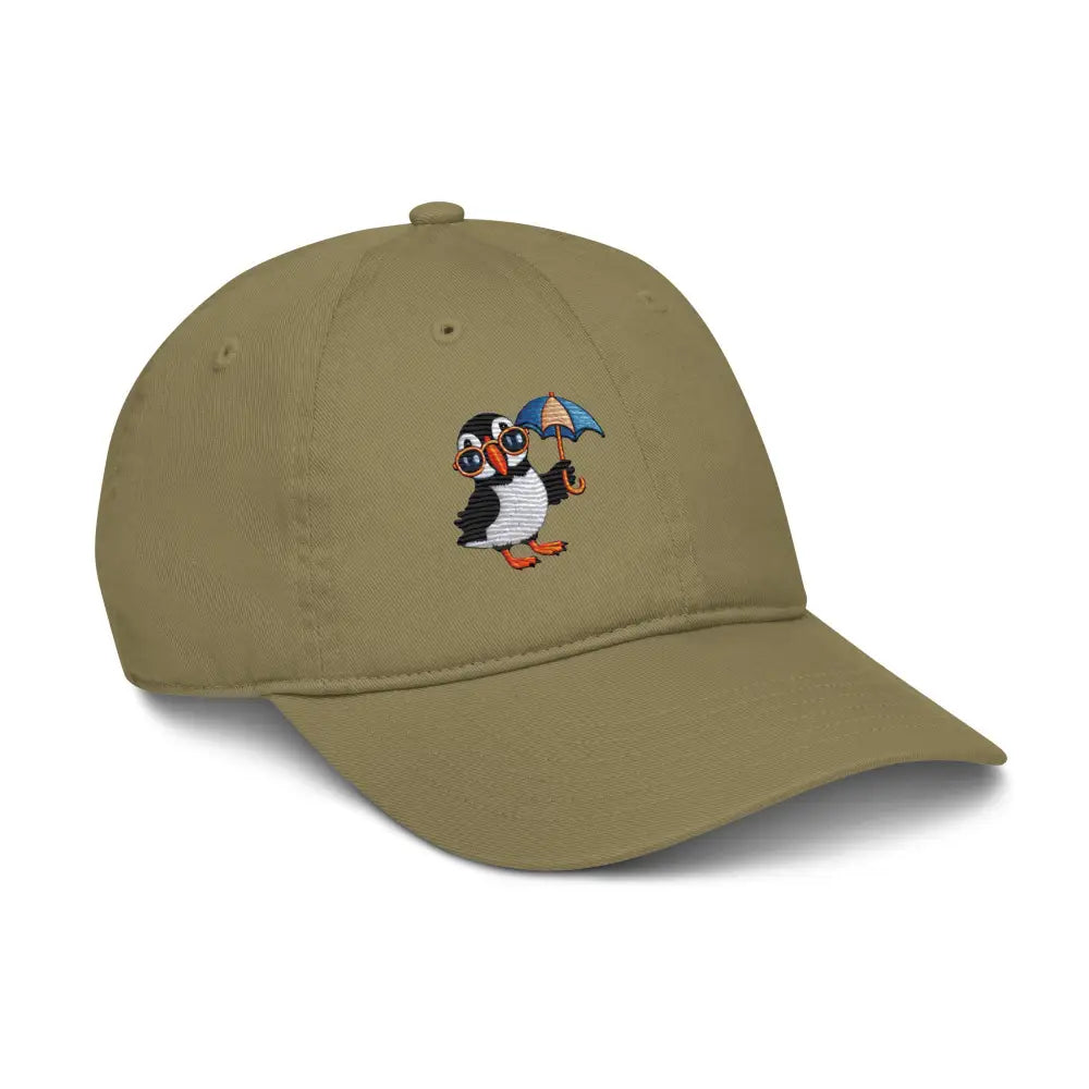 Embroidered playful puffin organic dad hat in khaki with umbrella