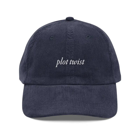 Embroidered Plot Twist Vintage Corduroy Cap | Minimalist Statement Hat - Navy - Hats navy blue corduroy baseball cap 1