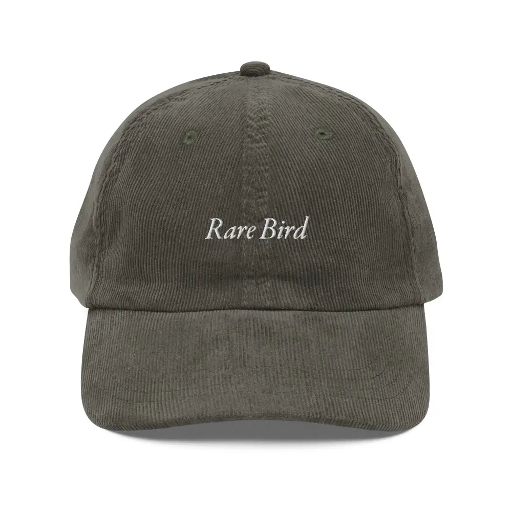Olive green corduroy dad cap with embroidered rare bird vintage design