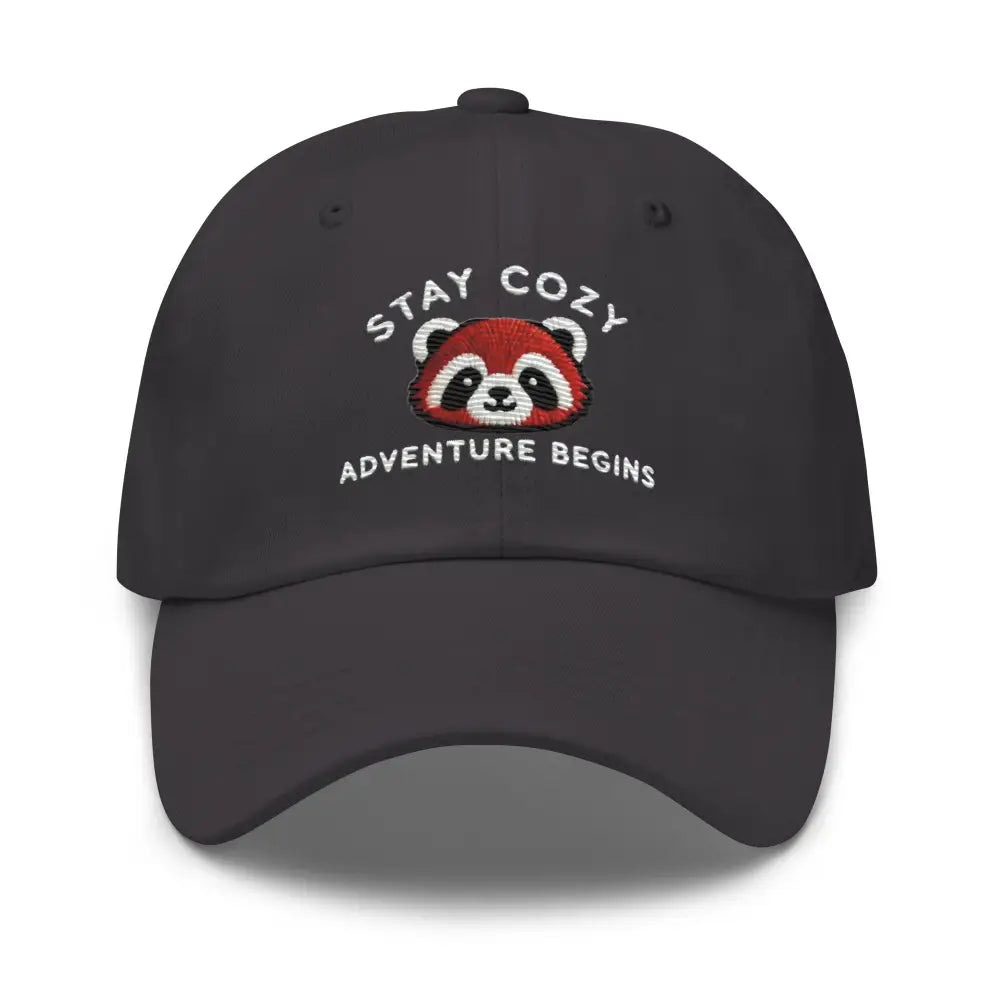 Dark gray Embroidered Red Panda Stay Cozy Hat in chino cotton twill