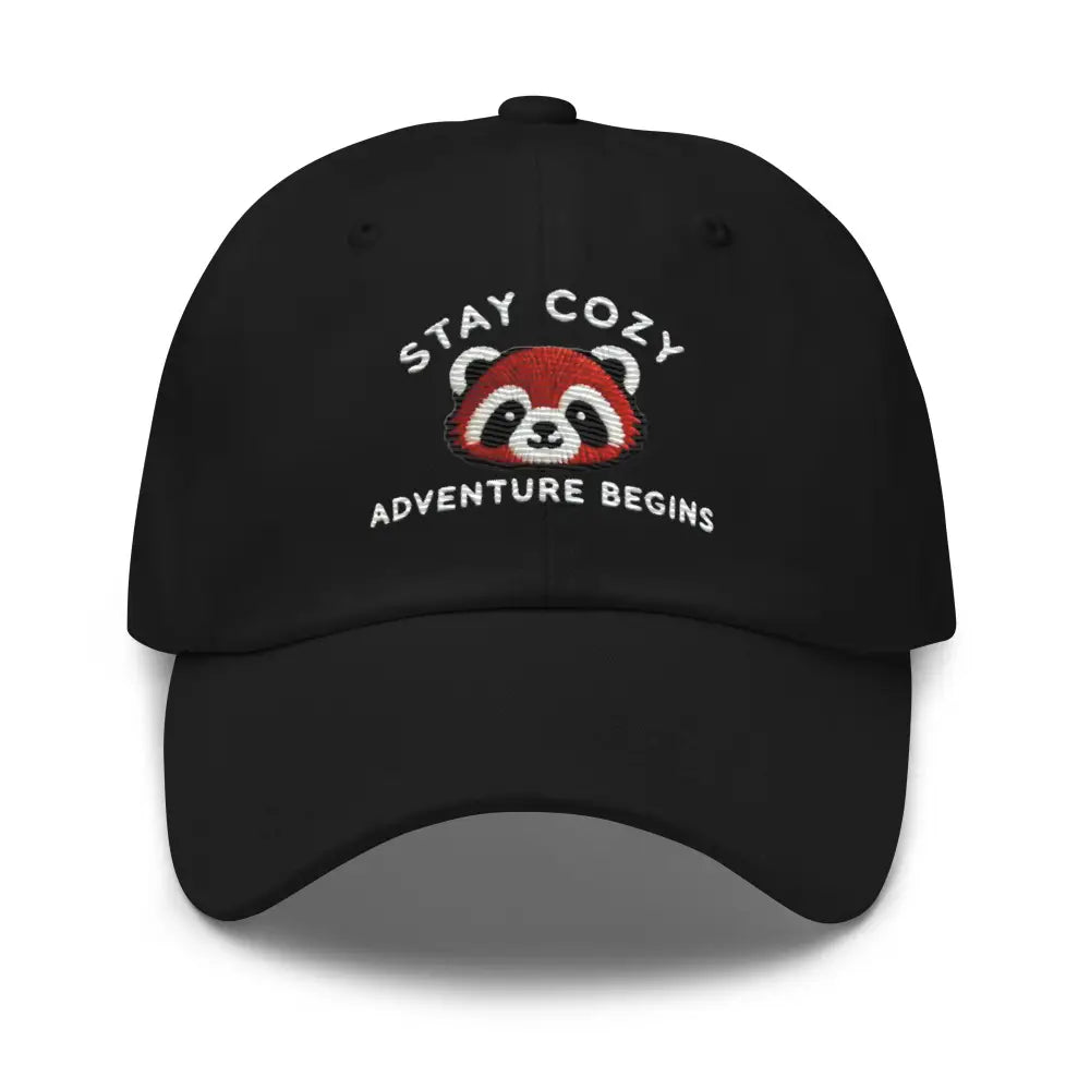 Black chino cotton twill baseball cap with embroidered red panda design for panda stay cozy style