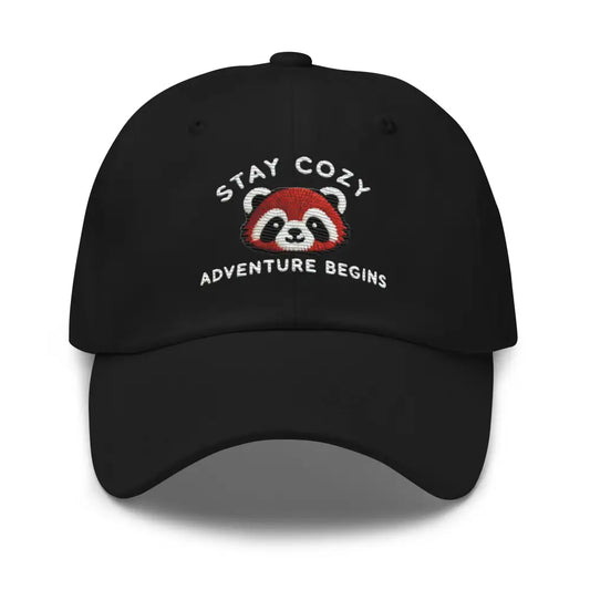 Embroidered ’Red Panda Stay Cozy and Let the Adventure Begin’ Dad Hat, - Black - Hats black baseball cap embroidered