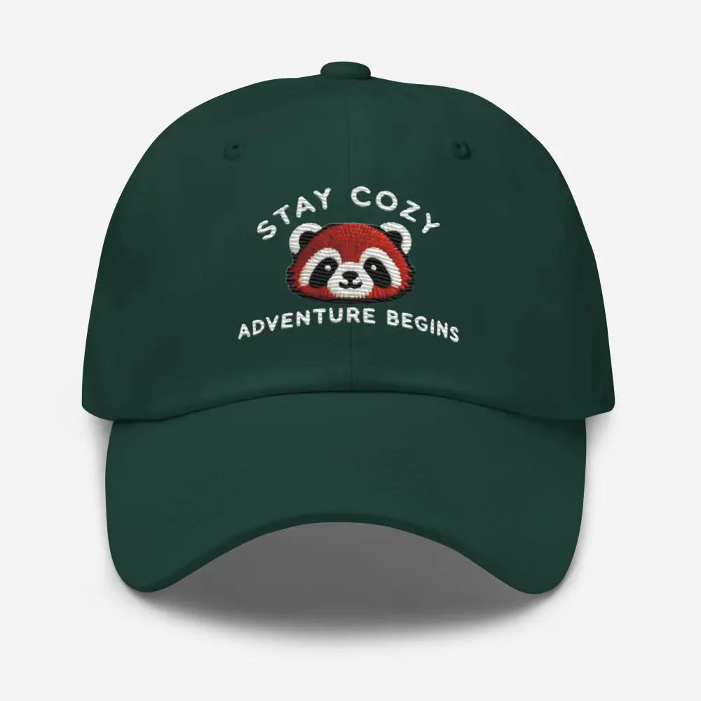 Dark green chino cotton twill baseball cap with embroidered red panda face for panda stay cozy style