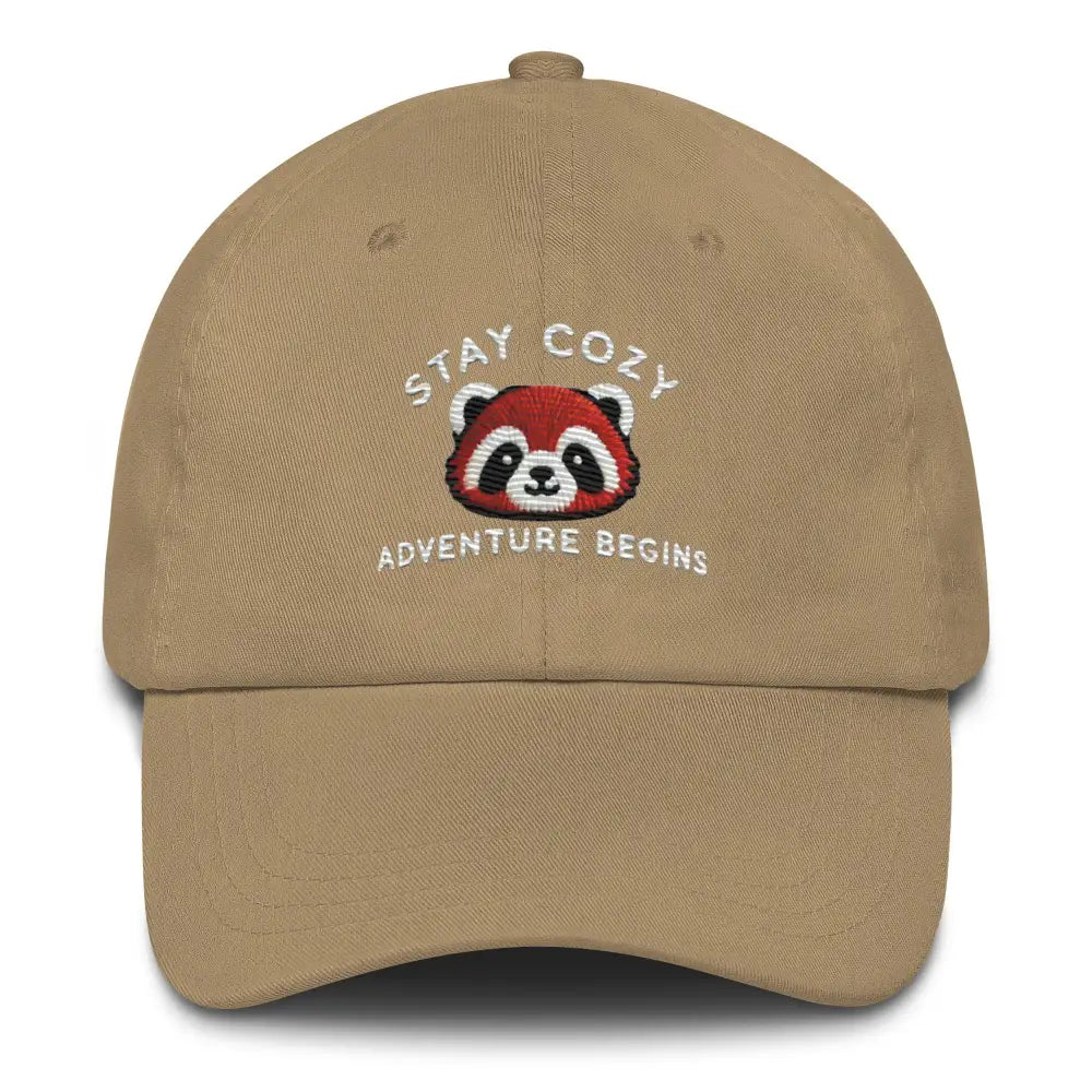 Tan baseball cap with embroidered red panda design in chino cotton twill for panda stay cozy style