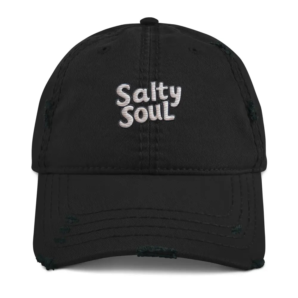 Salty Soul embroidered distressed black dad hat by Trini Skies