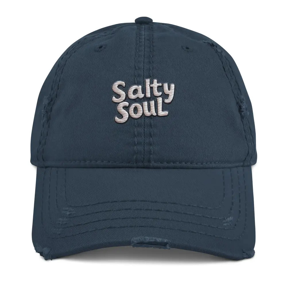 Salty Soul distressed embroidered navy blue dad hat by Trini Skies