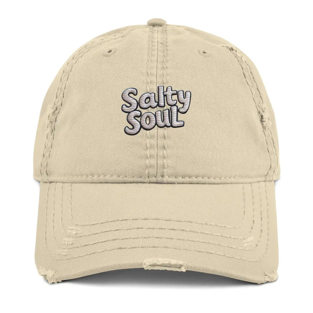Salty Soul distressed embroidered beige dad hat by Trini Skies