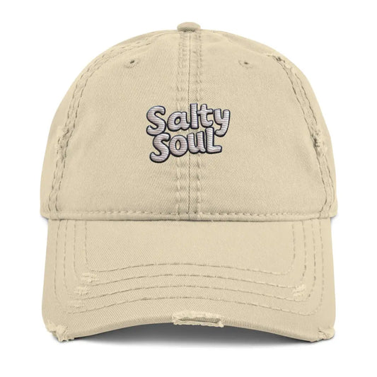 Embroidered Salty Soul Distressed Dad Hat Adjustable Strap Low Profile - Khaki - Hats distressed beige baseball cap