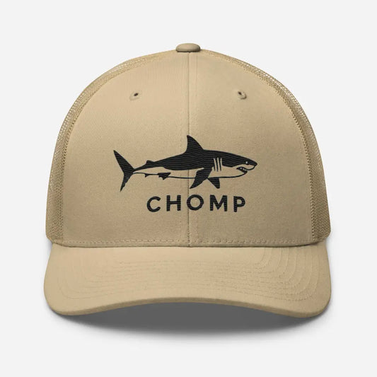 Tan six-panel trucker cap with embroidered shark mesh