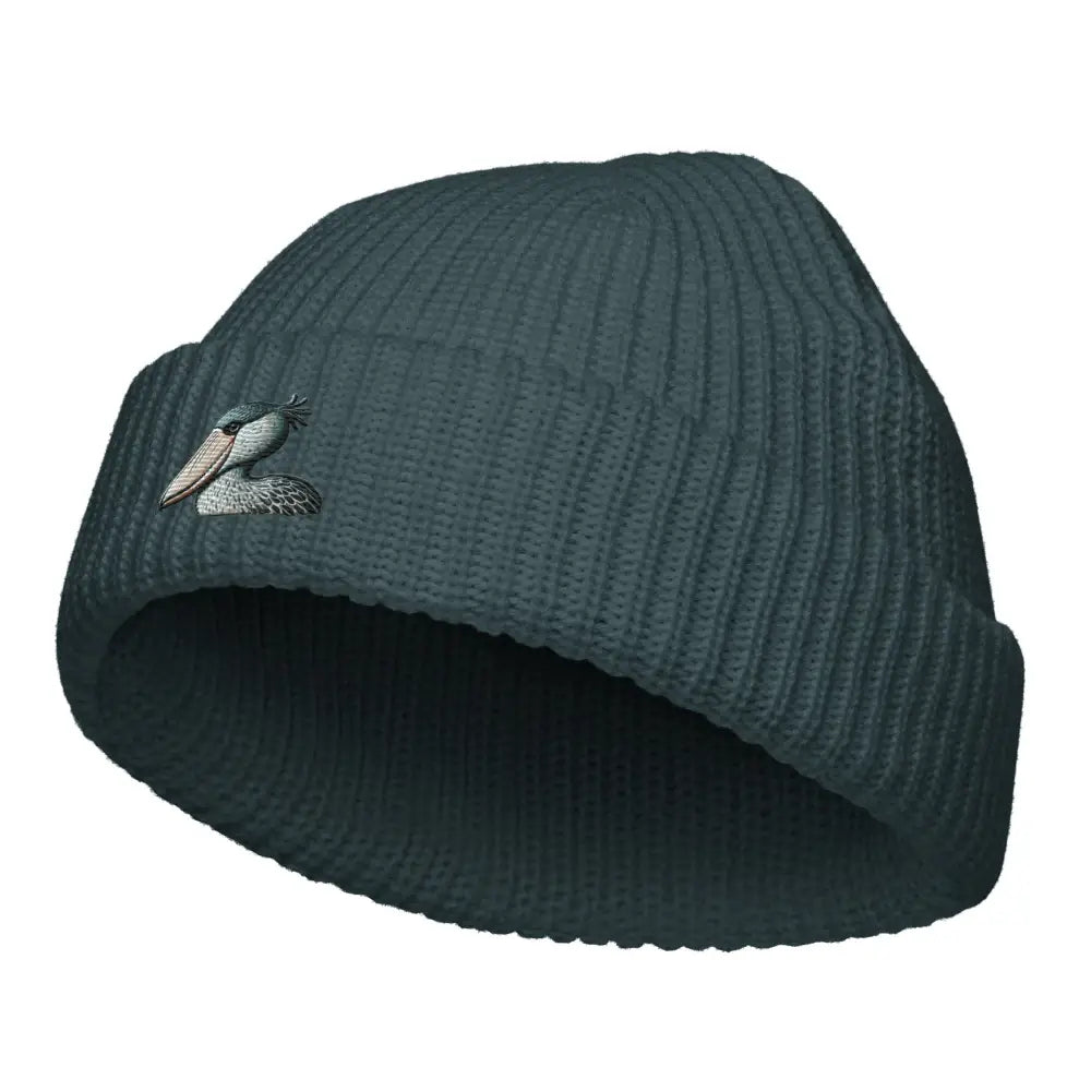Embroidered shoebill stork fisherman beanie in dark teal ribbed knit