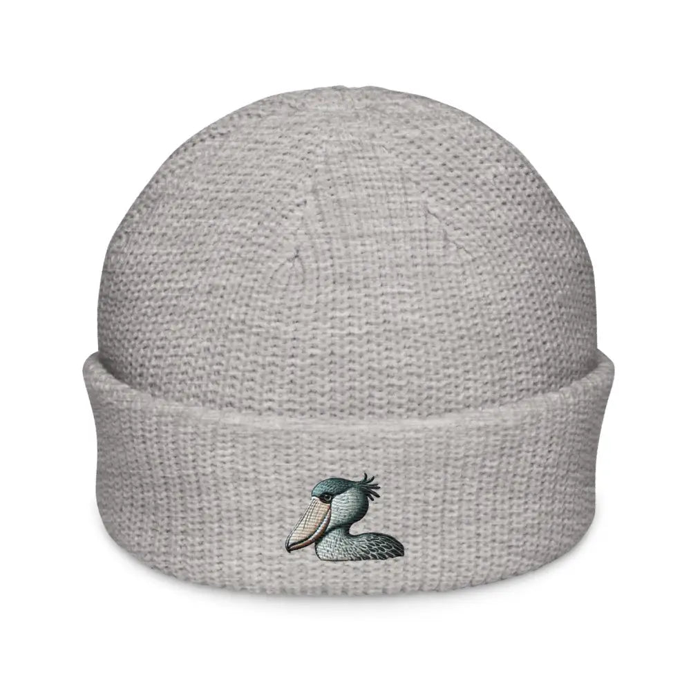 Light gray ribbed embroidered shoebill stork fisherman beanie