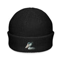 Black embroidered shoebill stork fisherman beanie