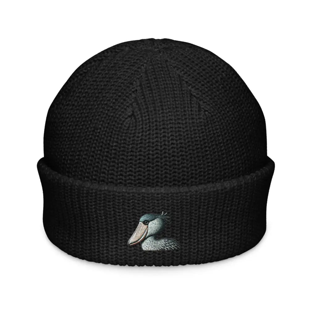 Black embroidered shoebill stork fisherman beanie