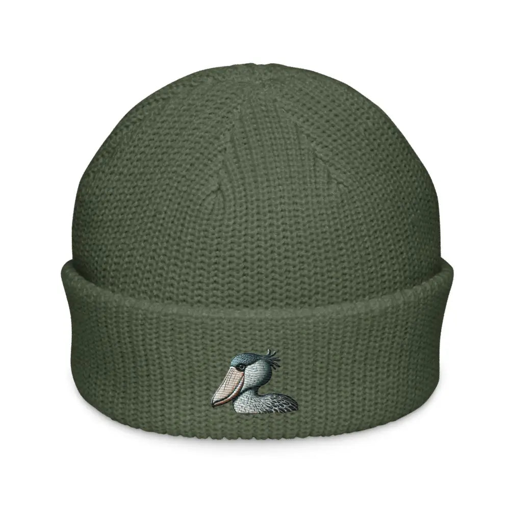 Olive green embroidered shoebill stork fisherman beanie